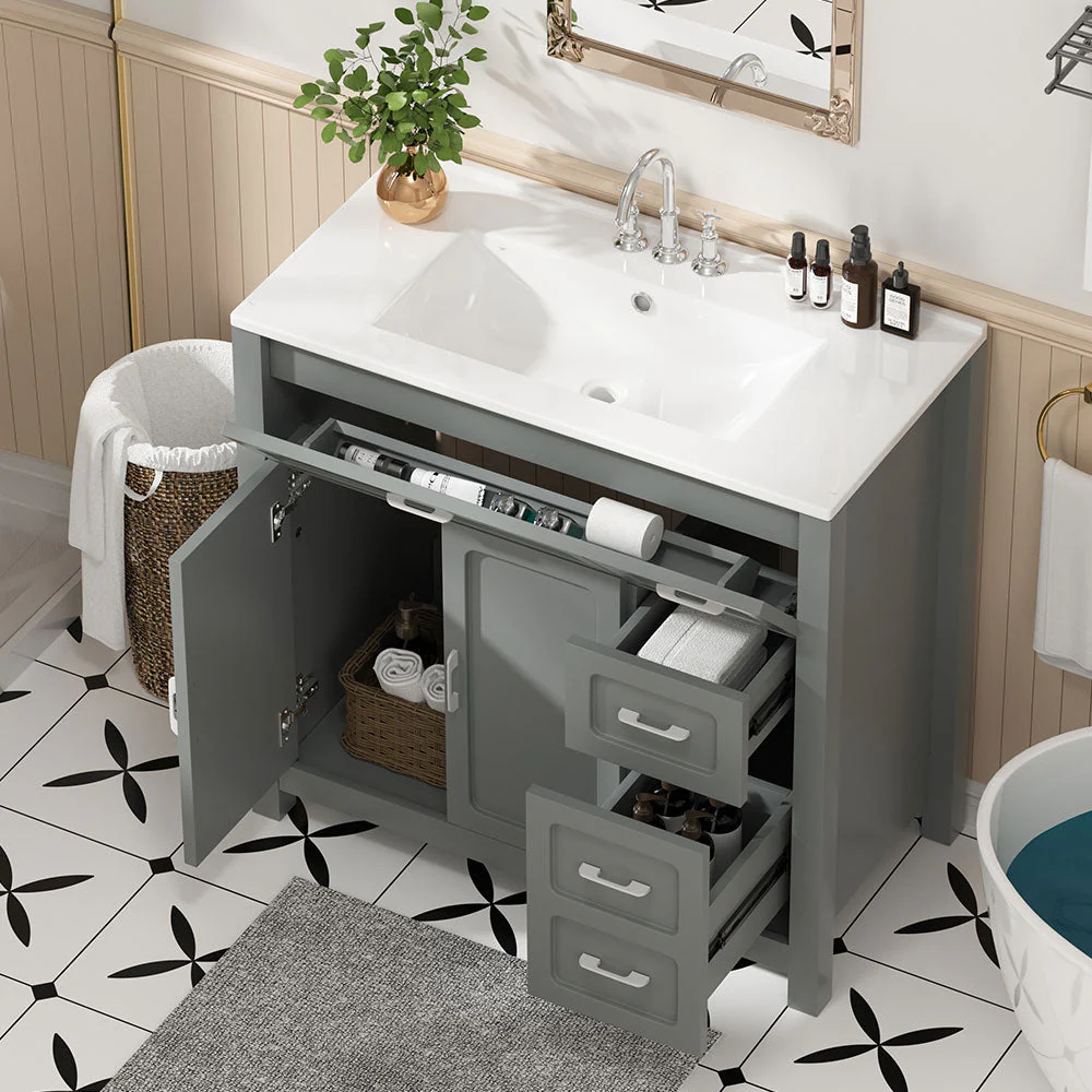 Sigsoul 30 Inch Bathroom Vanity | Gray Freestanding Cabinet with Sharp Corner Ceramic Sink - Image 4