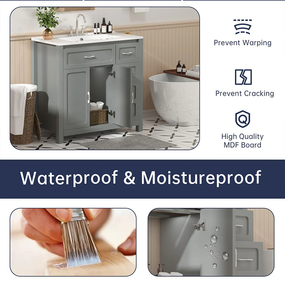 Sigsoul 30 Inch Bathroom Vanity | Gray Freestanding Cabinet with Sharp Corner Ceramic Sink - Image 5