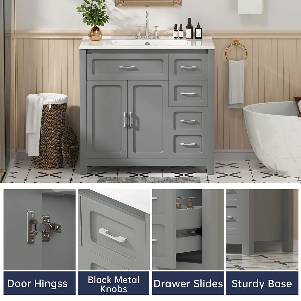 Sigsoul 30 Inch Bathroom Vanity | Gray Freestanding Cabinet with Sharp Corner Ceramic Sink - Image 6
