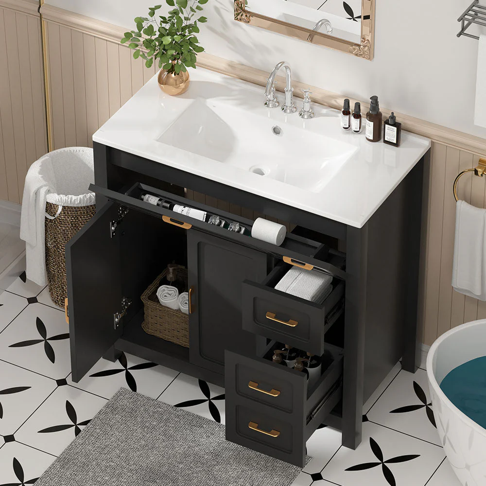 Sigsoul 36 Inch Bathroom Vanity | Black Freestanding Cabinet with Ceramic Sink - Image 3