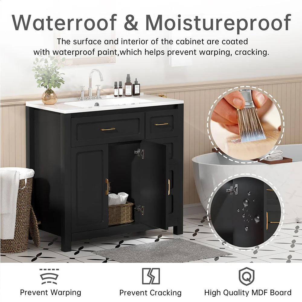 Sigsoul 36 Inch Bathroom Vanity | Black Freestanding Cabinet with Ceramic Sink - Image 6