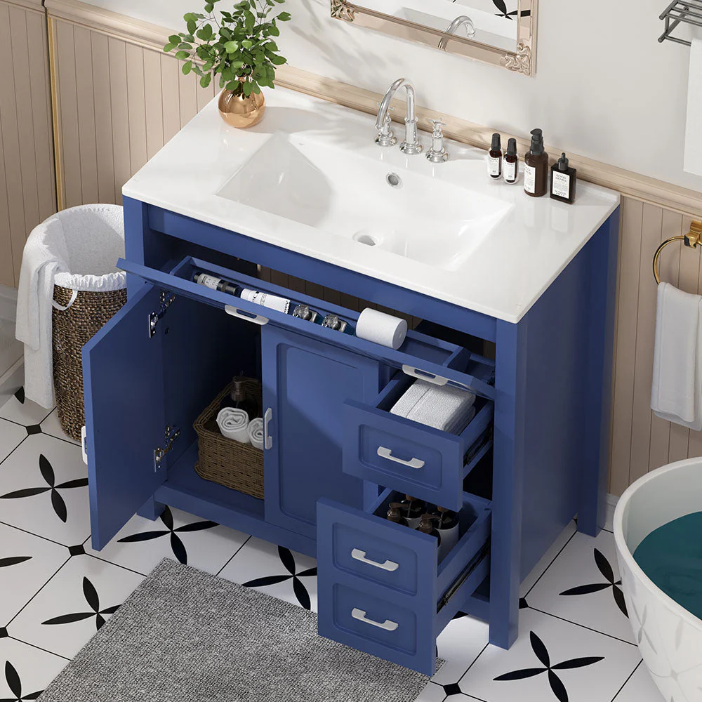Sigsoul 36 Inch Bathroom Vanity | Blue Freestanding Cabinet with Ceramic Sink - Image 3