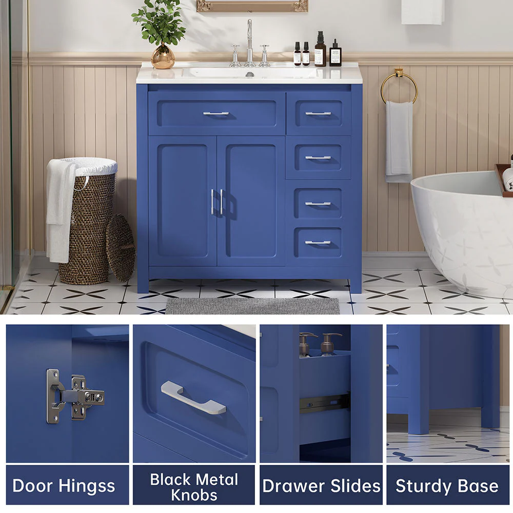 Sigsoul 36 Inch Bathroom Vanity | Blue Freestanding Cabinet with Ceramic Sink - Image 4