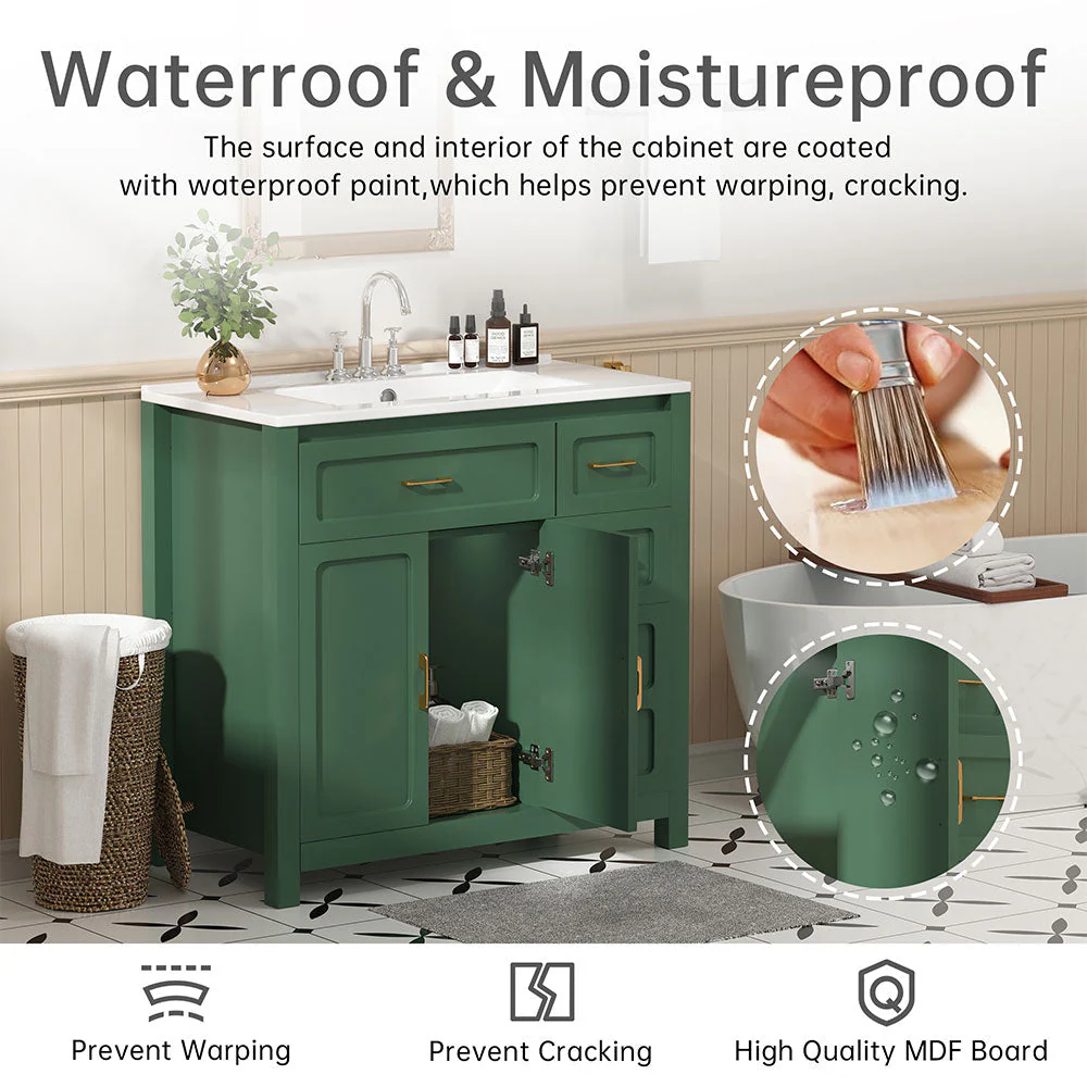 Sigsoul 36 Inch Bathroom Vanity | Green Freestanding Cabinet with Ceramic Sink - Image 4