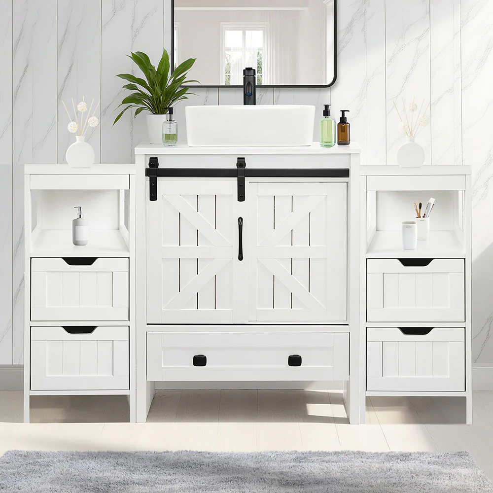 Sigsyl 48 Inch Vessel Sink Vanity | 2 Side Cabinets & Faucet Kit - Image 19