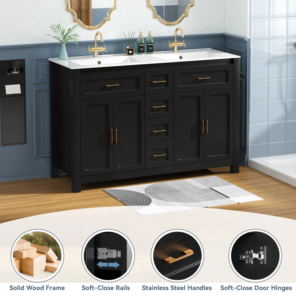 Sigsoul 48 Inch Double Sink Vanity Black | 2 Tip-out Trays 2 Drawers 4 Doors - Image 3