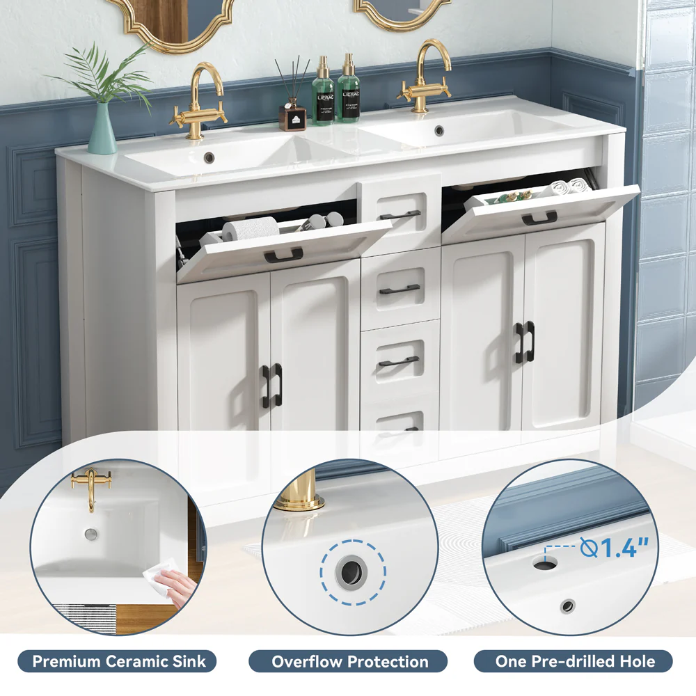 Sigsoul 48 Inch Double Sink Vanity White | 2 Tip-out Trays 2 Drawers 4 Doors - Image 3