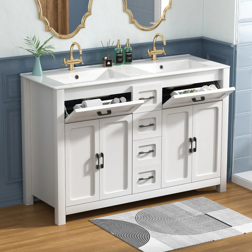 Sigsoul 48 Inch Double Sink Vanity White | 2 Tip-out Trays 2 Drawers 4 Doors - Image 5